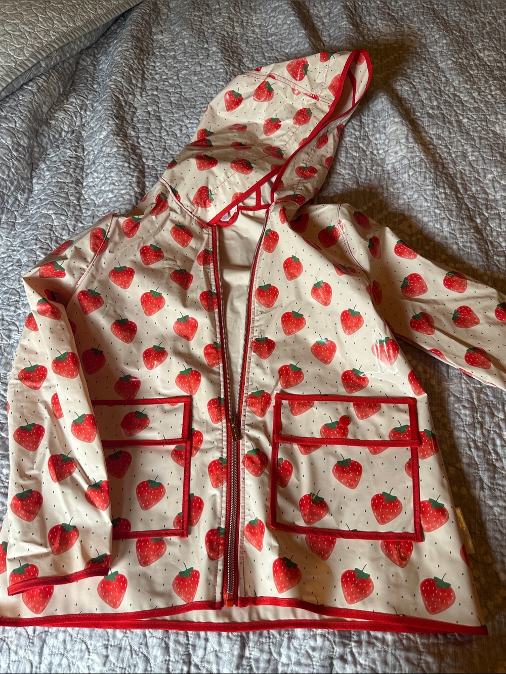 Tahari Red Strawberry Hooded Raincoat on Cream